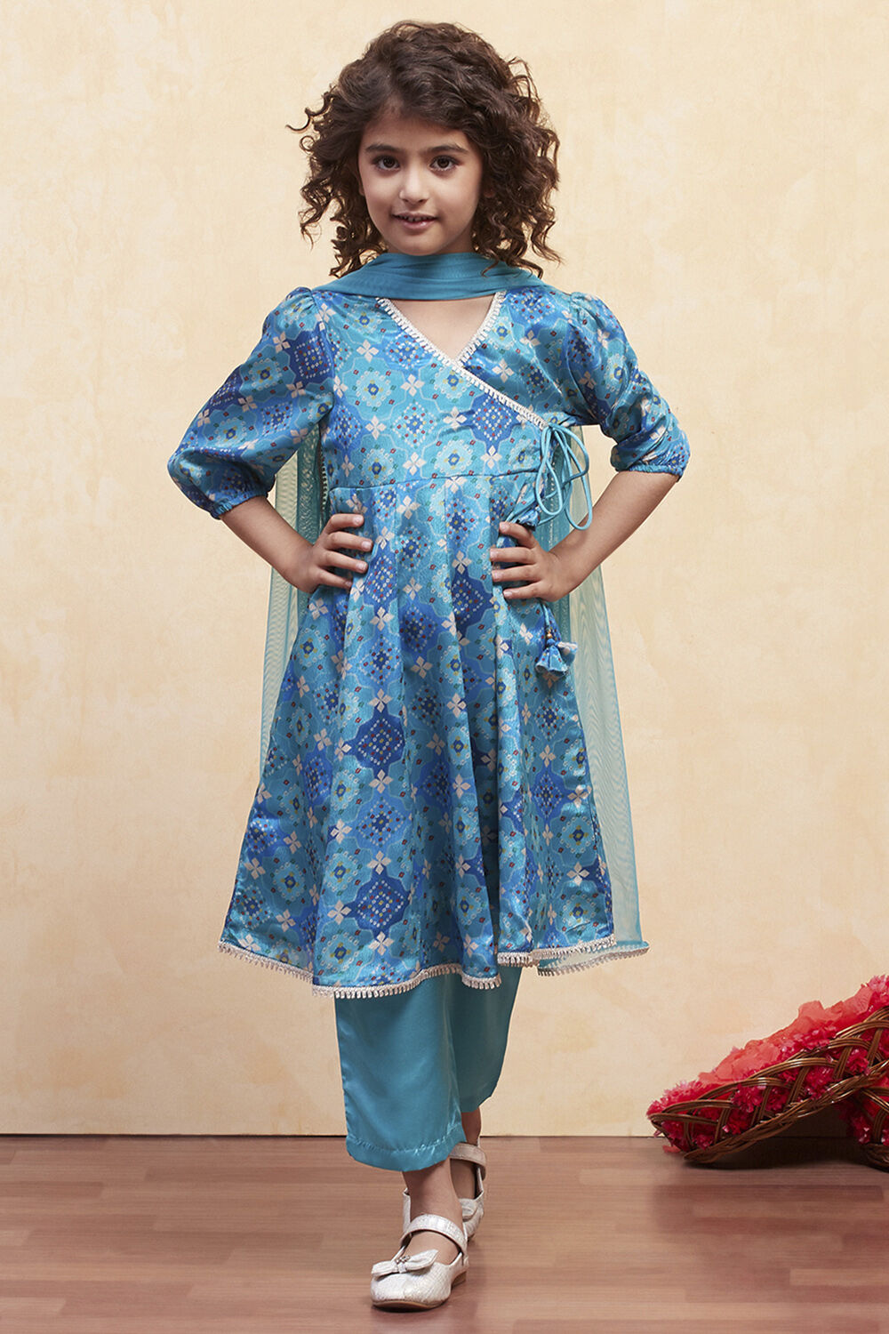 Turquoise Angrakha Printed Flared Suit Set image number 6