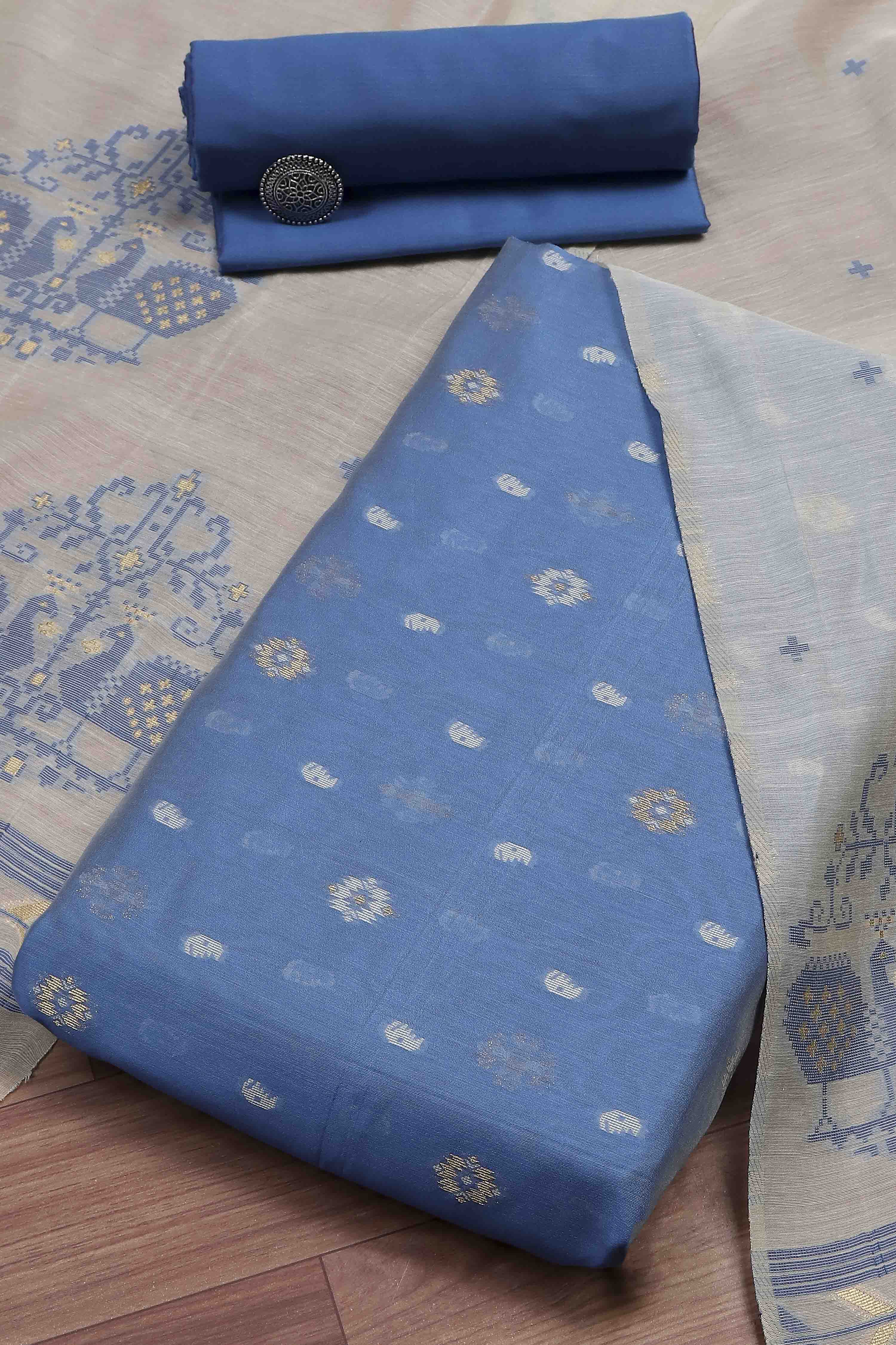 Blue Cotton Jamdani Unstitched Suit Set image number 0