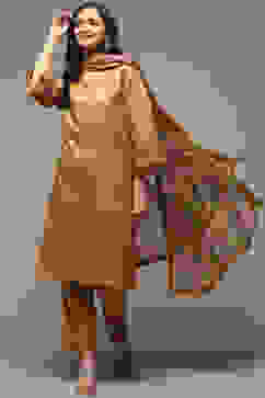 Mustard Art Silk Straight Kurta Slim Pants Suit Set image number 0