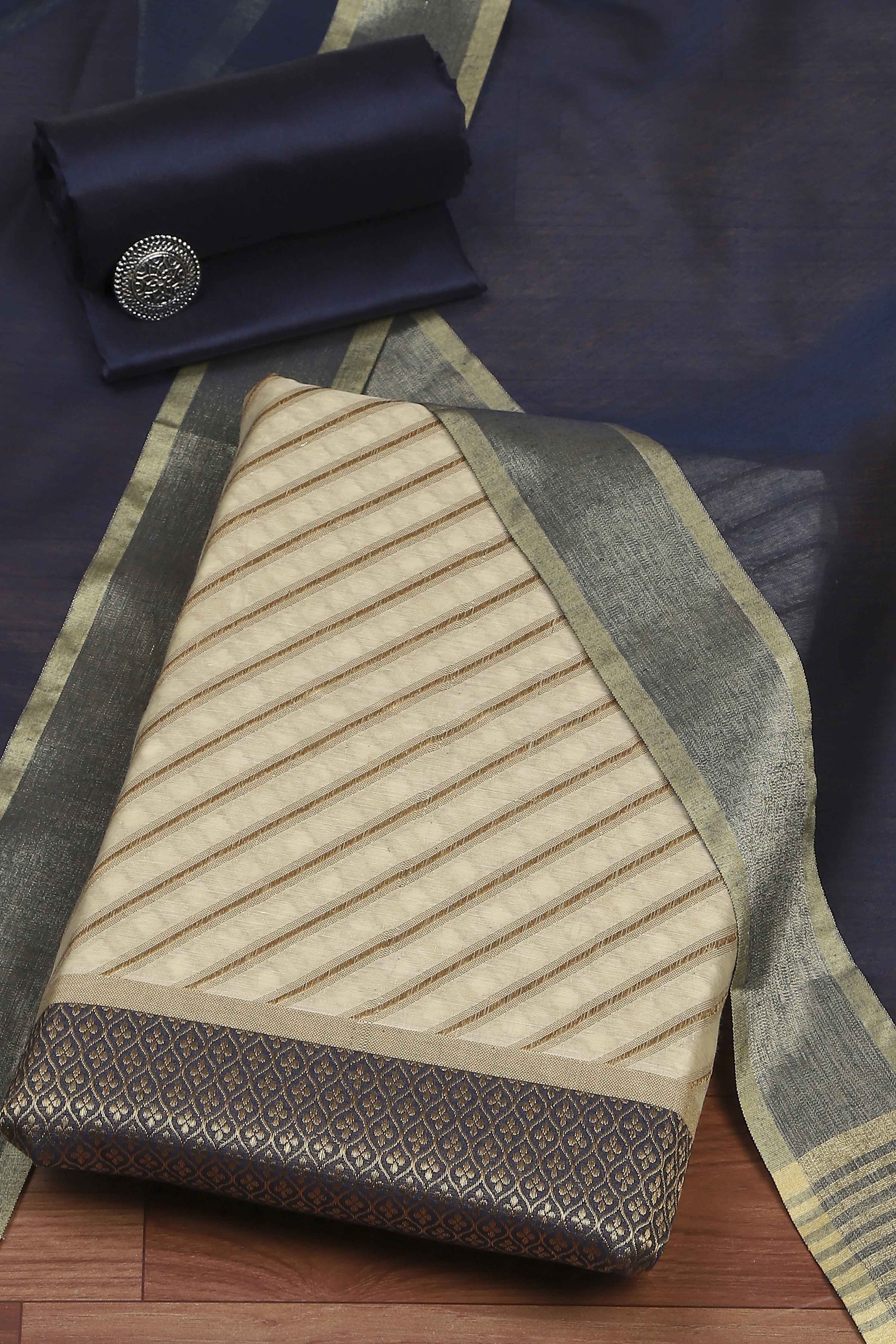 Blue Cotton Printed Embroidered Unstitched Suit Set image number 0