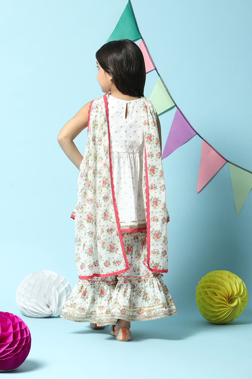 Off White Cotton Gathered Kurta Garara Suit Set image number 4