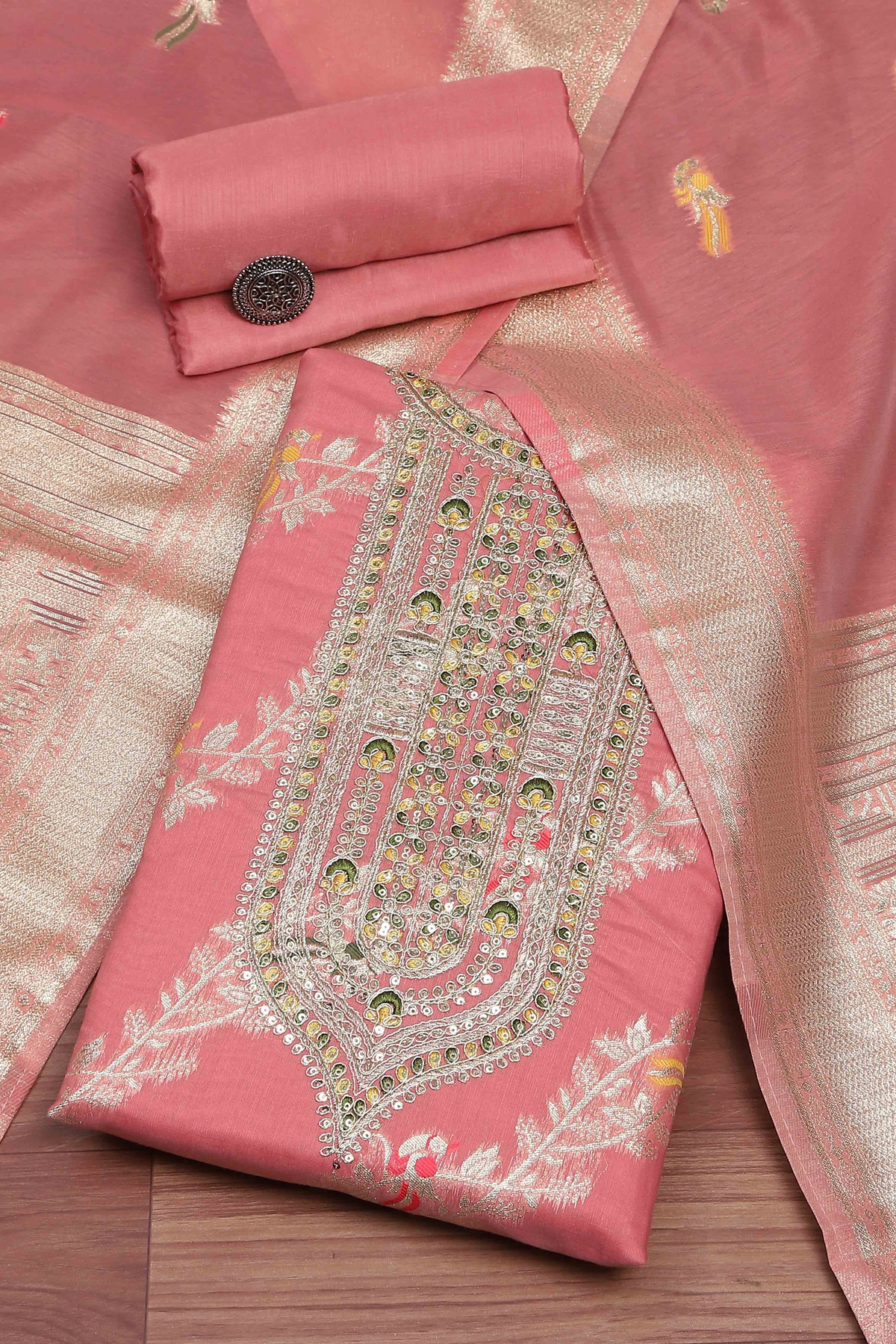 Pink Tissue Chanderi Embroidered Unstitched Suit Set