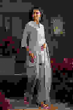 Earthy Blue Chanderi Embroidered Straight Suit Set image number 7