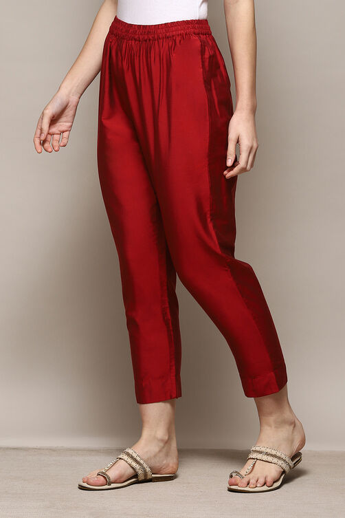 Dark Red Poly Viscose Slim Yarndyed Pants image number 2