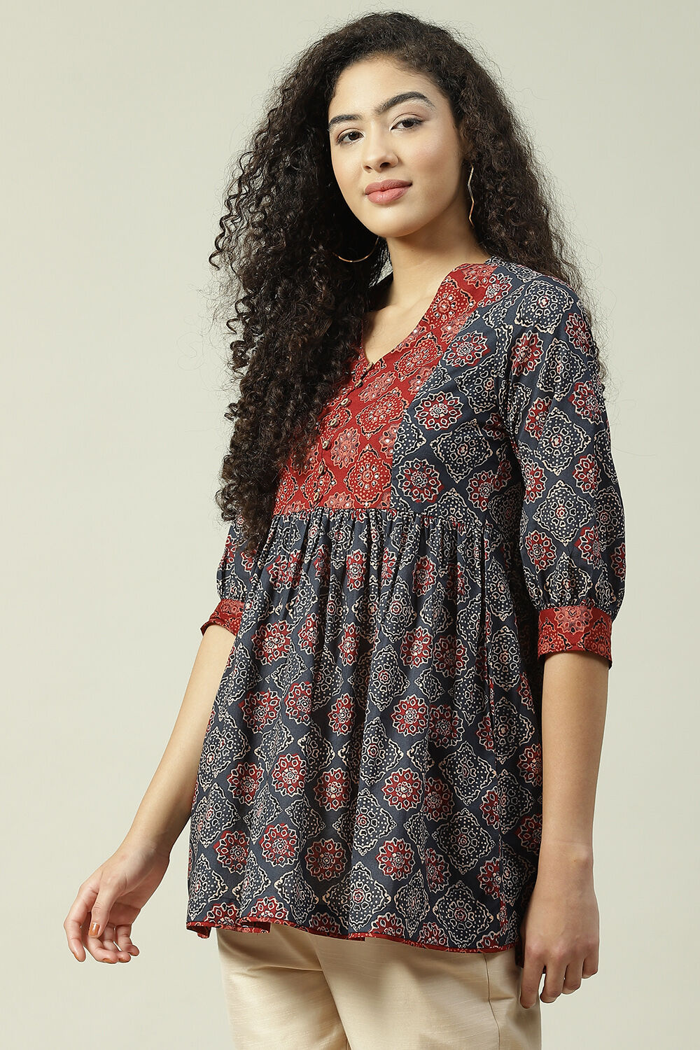 Rust Cotton Flared Printed Short Kurti image number 2