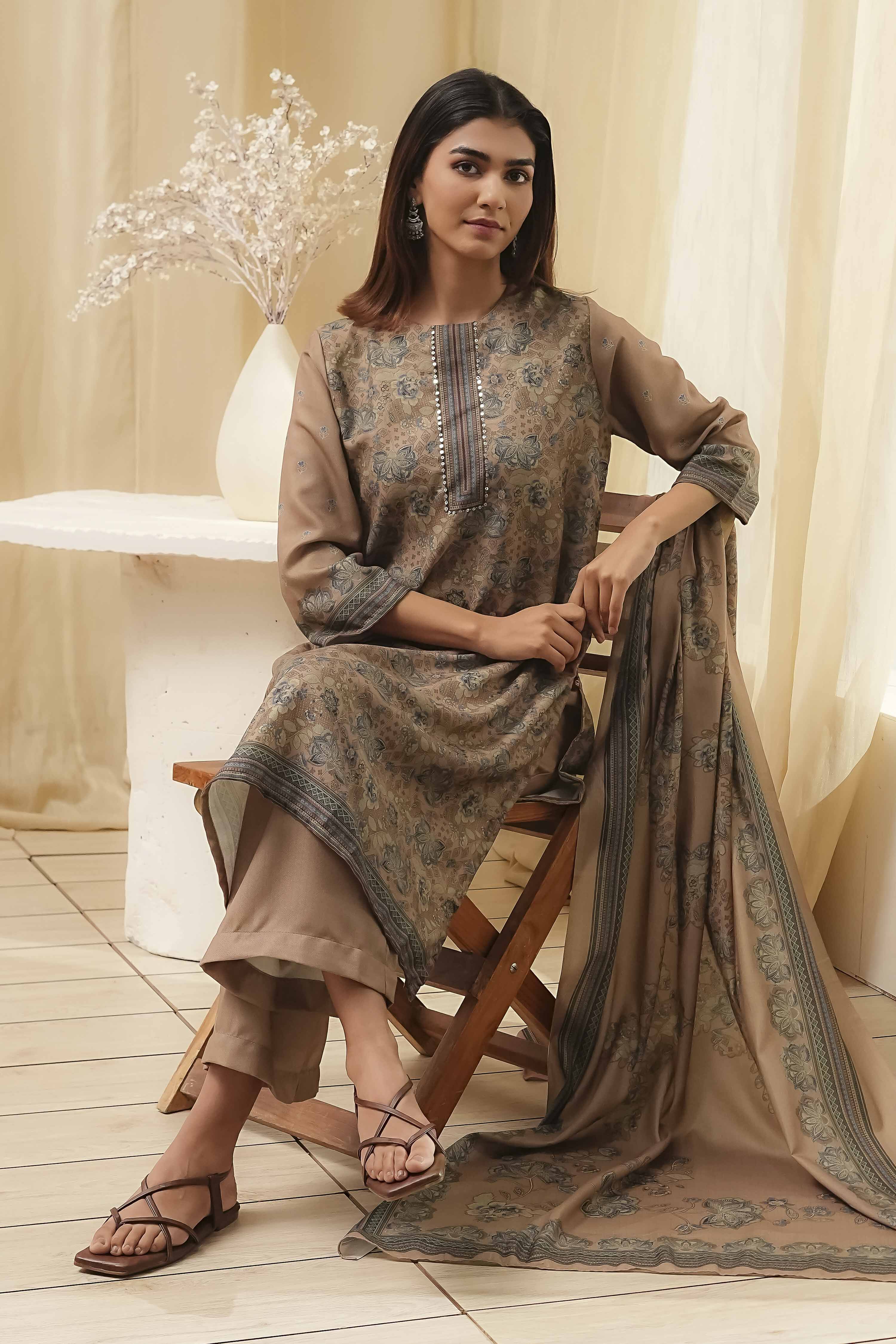 Camel Art Silk Straight Suit Set image number 0