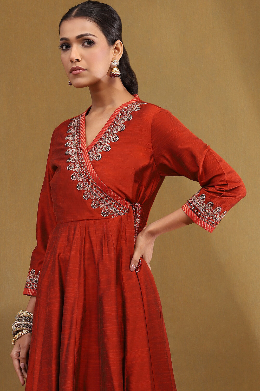 Rust Embroidered Angrakha Festive Anarkali Suit Set image number 4