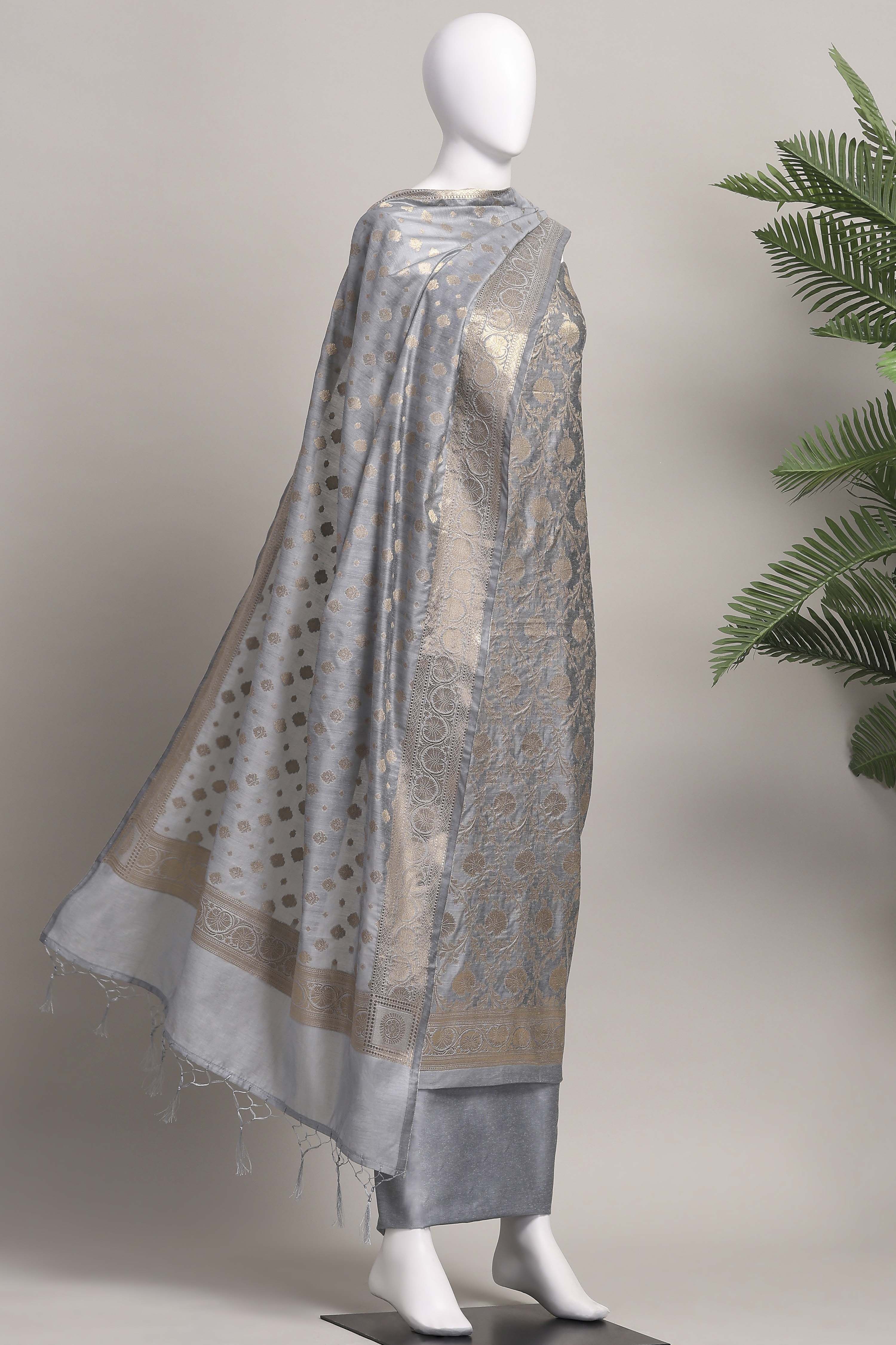 Dusty Grey Banarasi Chanderi Banarasi Print Unstitched Suit Set image number 4