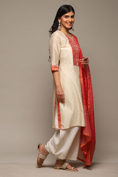 Beige Cotton Blend Straight Kurta Palazzo Suit Set image number 6