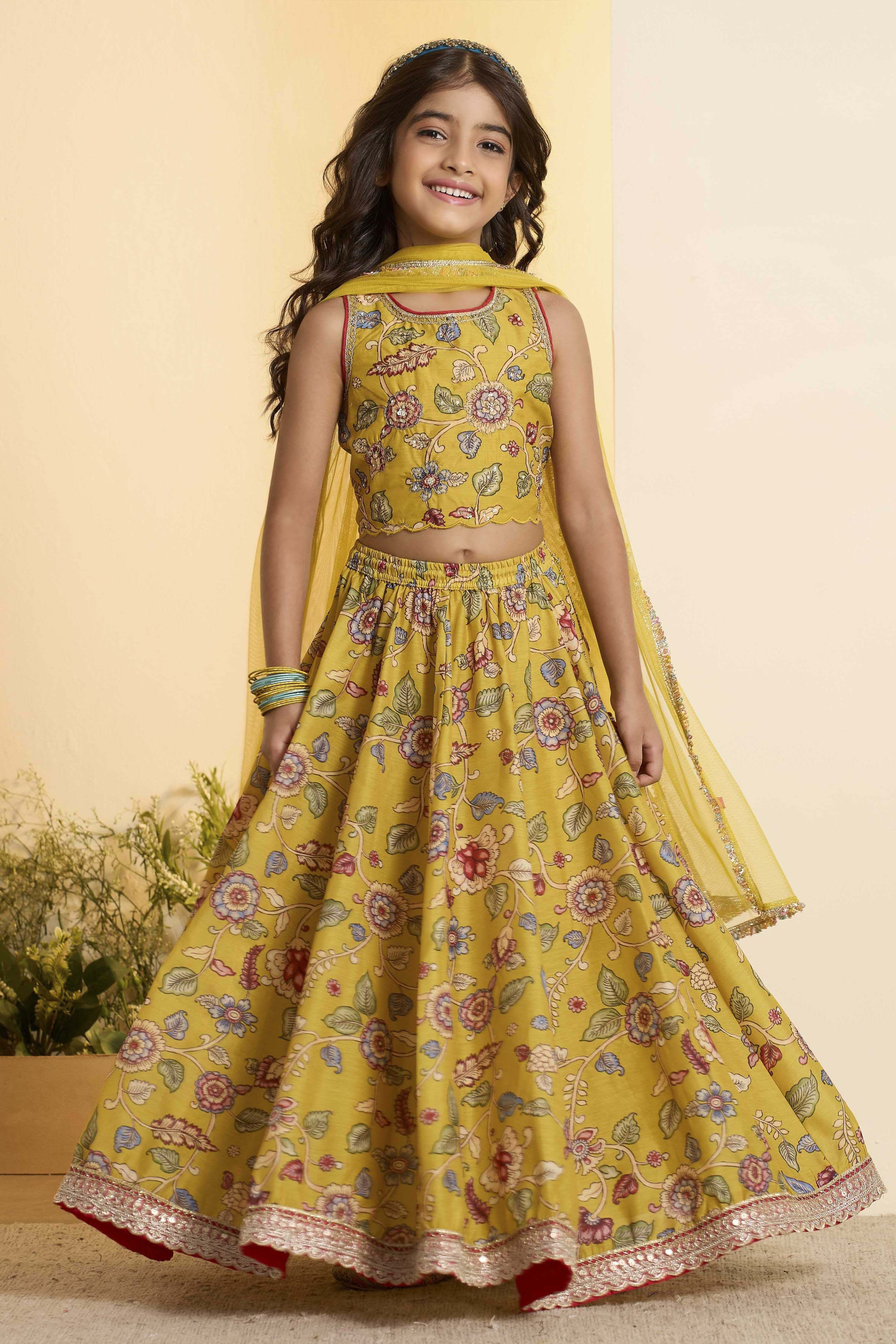 Mustard Yellow Floral Flared Lehenga Set image number 7