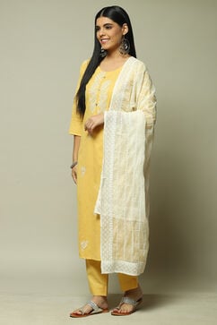 Yellow Cotton Blend Machine Embroidered Unstitched Suit Set image number 5