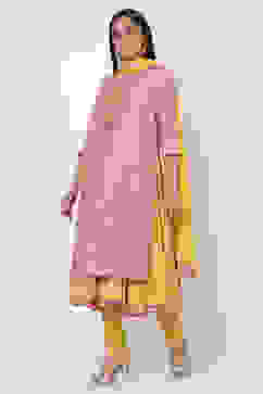 Pink Cotton A-Line Kurta Churidar Suit Set image number 3