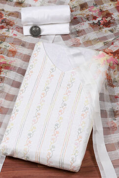 White Chanderi Digital Print Unstitched Suit Set image number 0