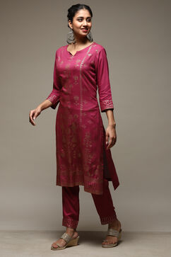 Plum Rayon Straight Kurta Pants 2 Piece Set image number 3