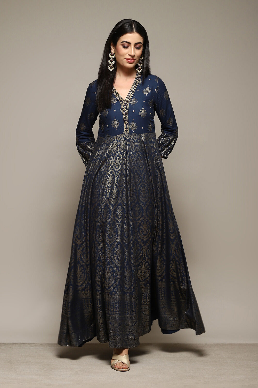 Navy Rayon Straight Printed Dress