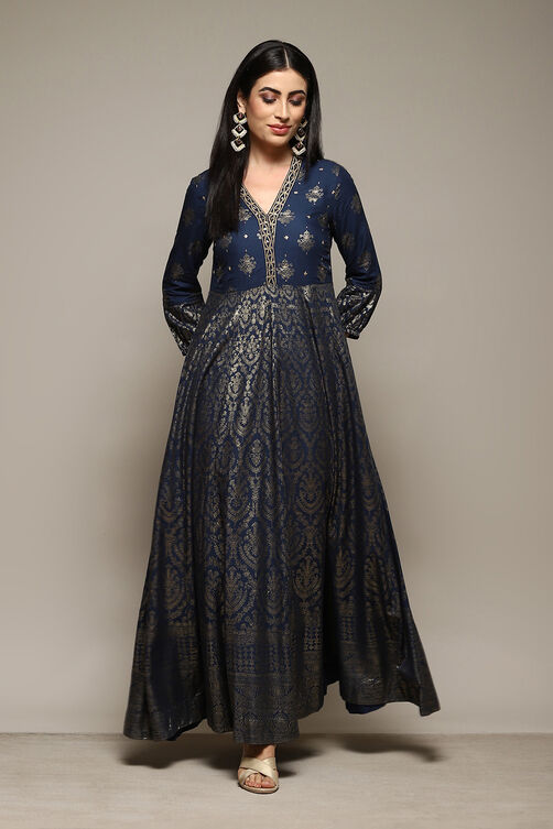 Navy Rayon Straight Printed Dress image number 5