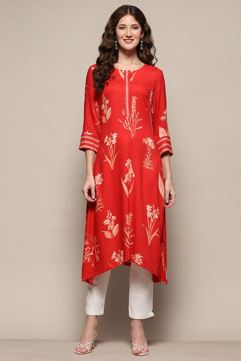 Orange Rayon Printed Asymmetric Kurta image number 0