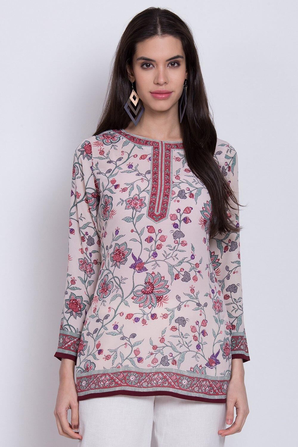 Off White Cotton Blend Printed Kurti image number 5