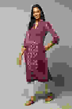 Maroon Poly Metallic Straight Printed Kurta image number 1