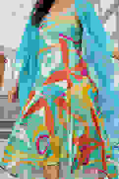 Teal Green Printed A-Line Dress with Shrug image number 1