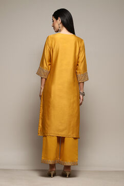 Mustard Poly Chanderi Straight Embroidery Kurta Palazzo Suit Set image number 4