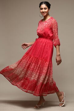 Red Cotton Blend Tiered Printed Dress image number 2