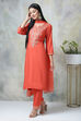 Saffron Rayon Straight Kurta Regular Pant Suit Set