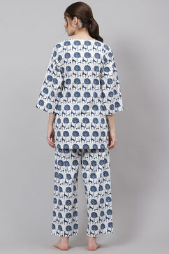 Off White Straight Cotton Three Piece Printed Sleepwear Set image number 6