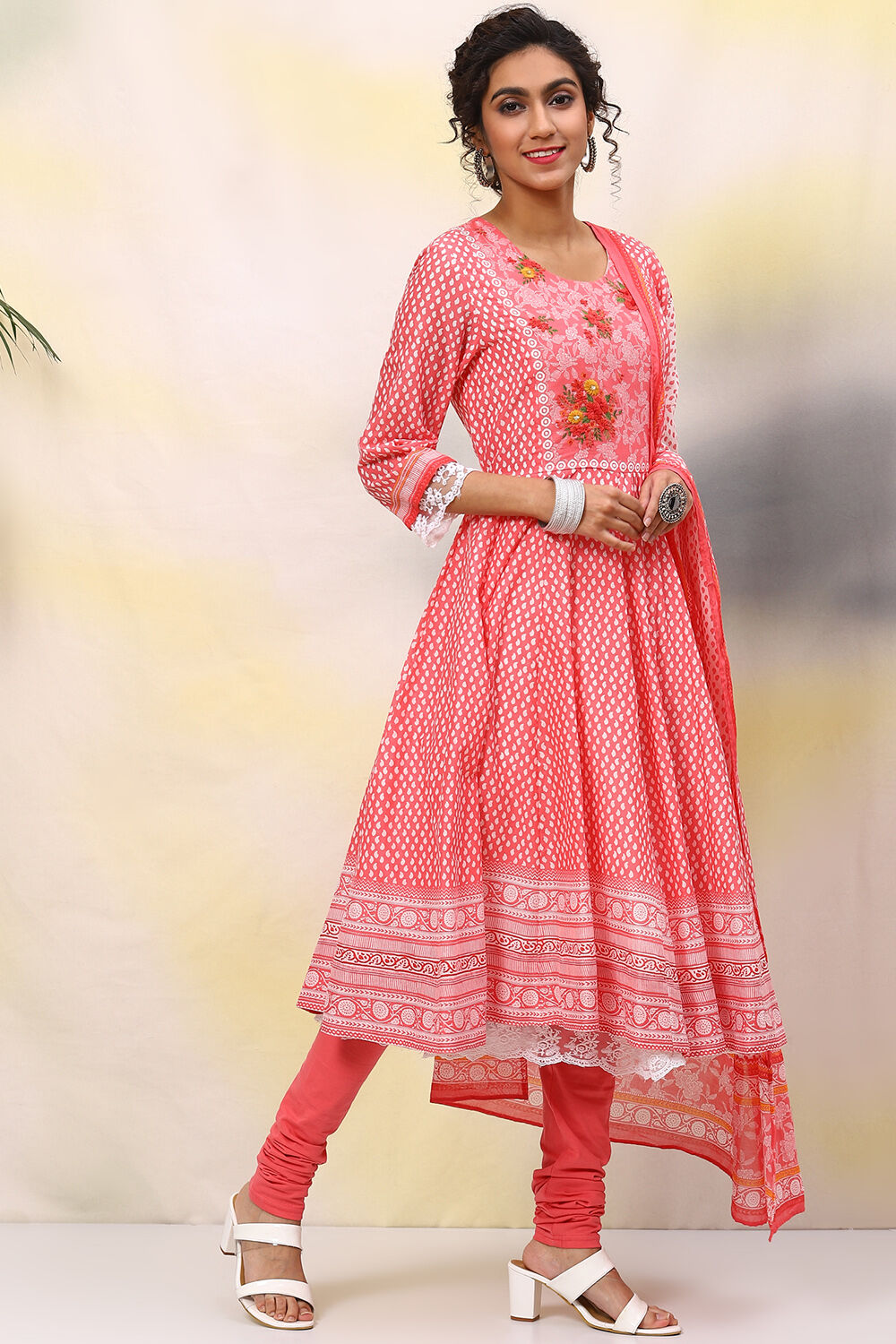 Coral Red Cotton Anarkali Kurta Churidar Suit Set image number 6