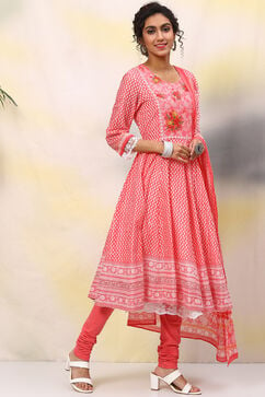 White & Pink Cotton Anarkali Kurta Churidar Suit Set image number 6