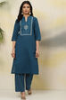 Teal Cotton A-Line Fusion Solid Kurta Set image number 0