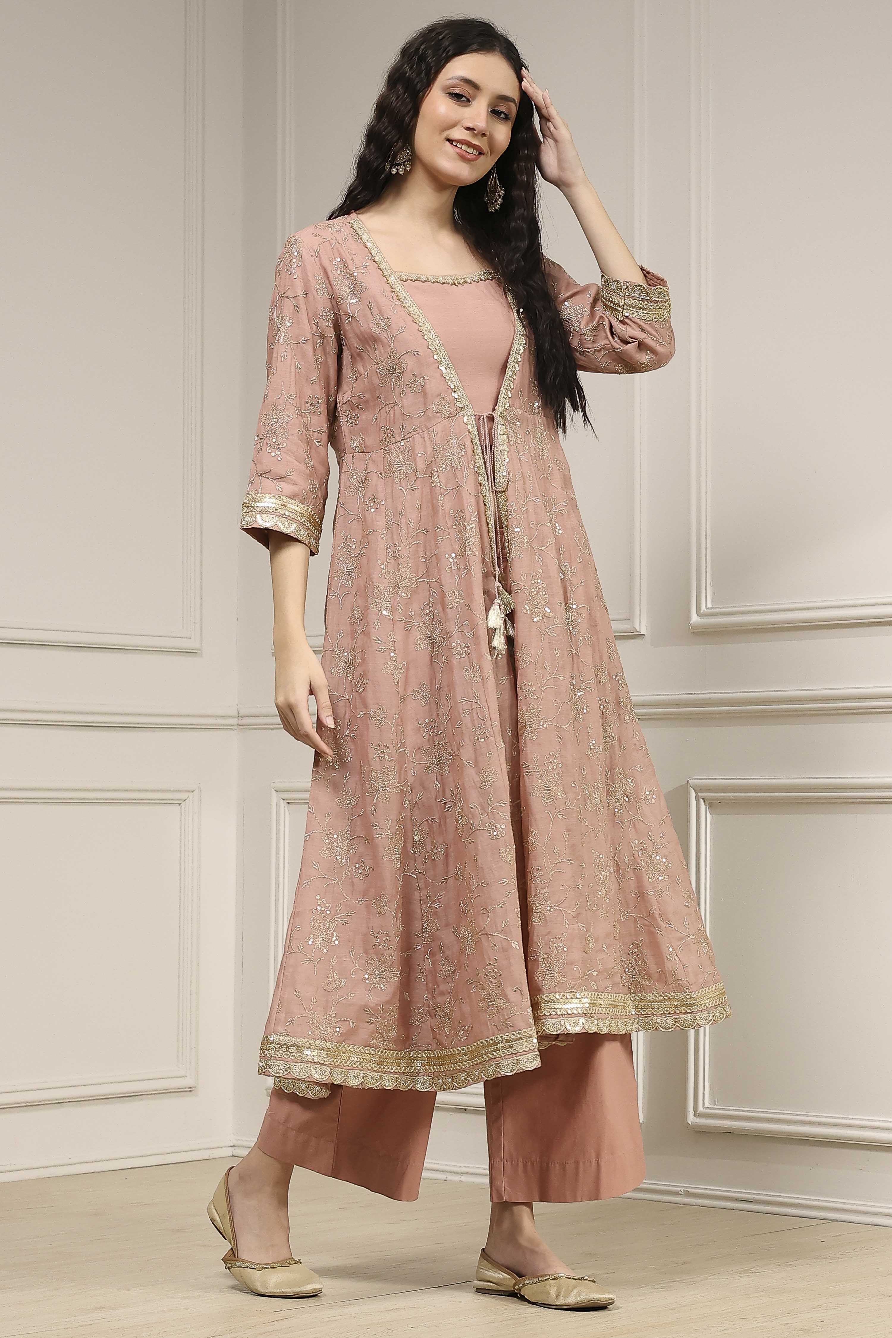 Natural White Embroidered Anarkali Fusion Set image number 5