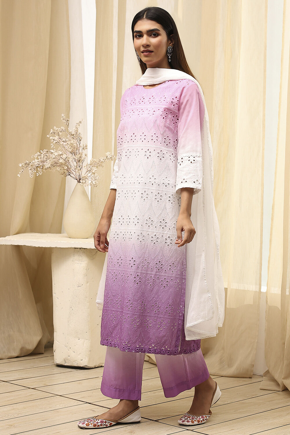 Pink Cotton Schiffli Straight Suit Set image number 3