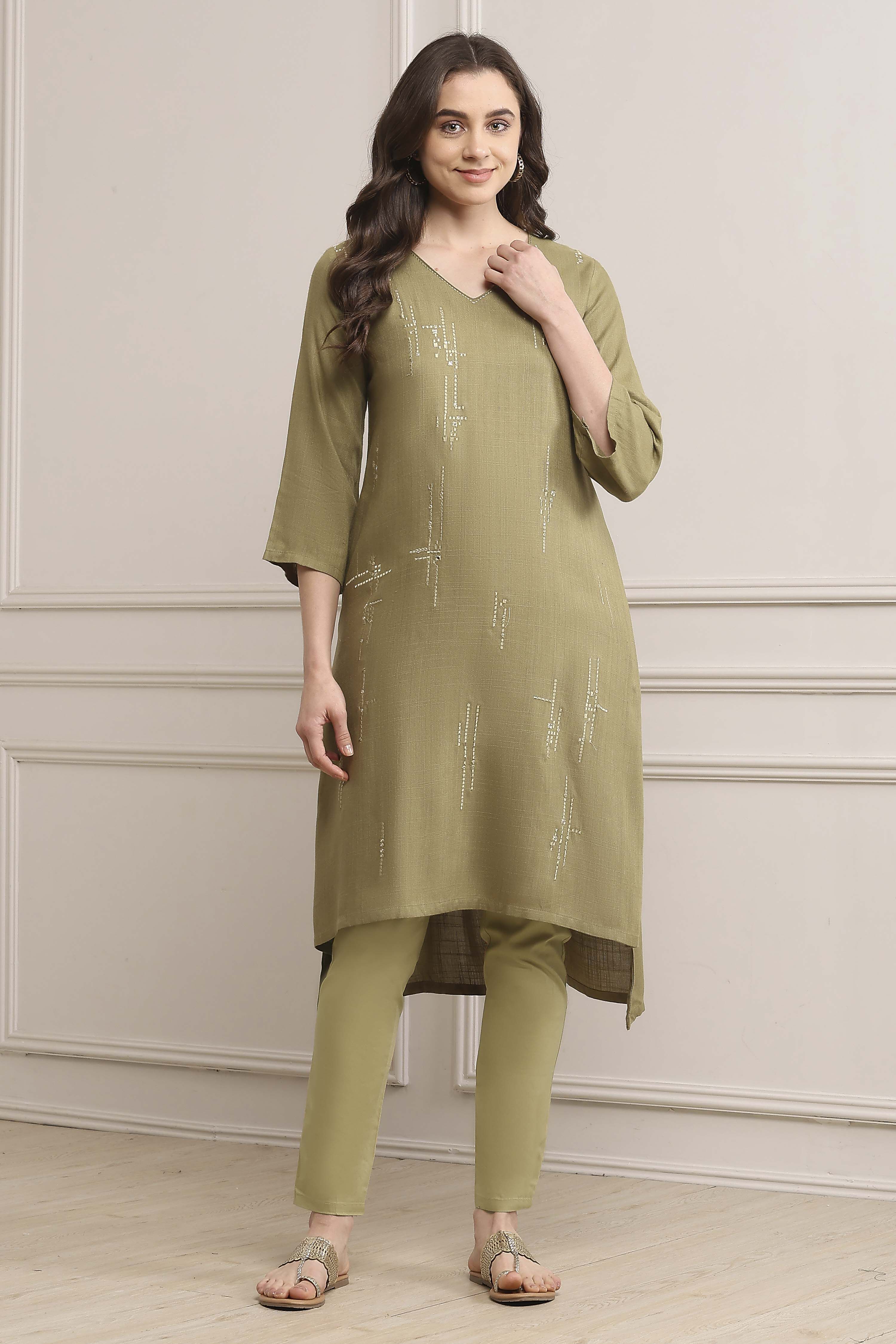 Pista Green Viscose Straight Solid Kurta image number 5