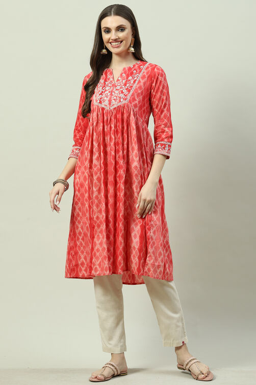 Red Cotton Flared Printed Kurta image number 2