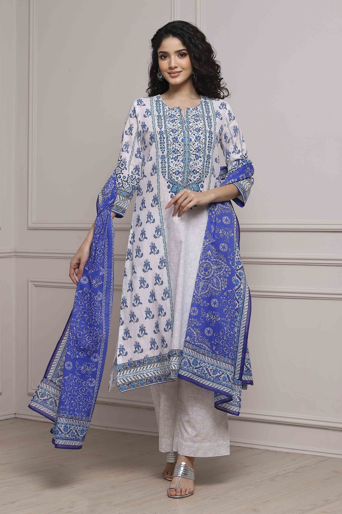 White and Blue Cotton Printed Straight Suit Set