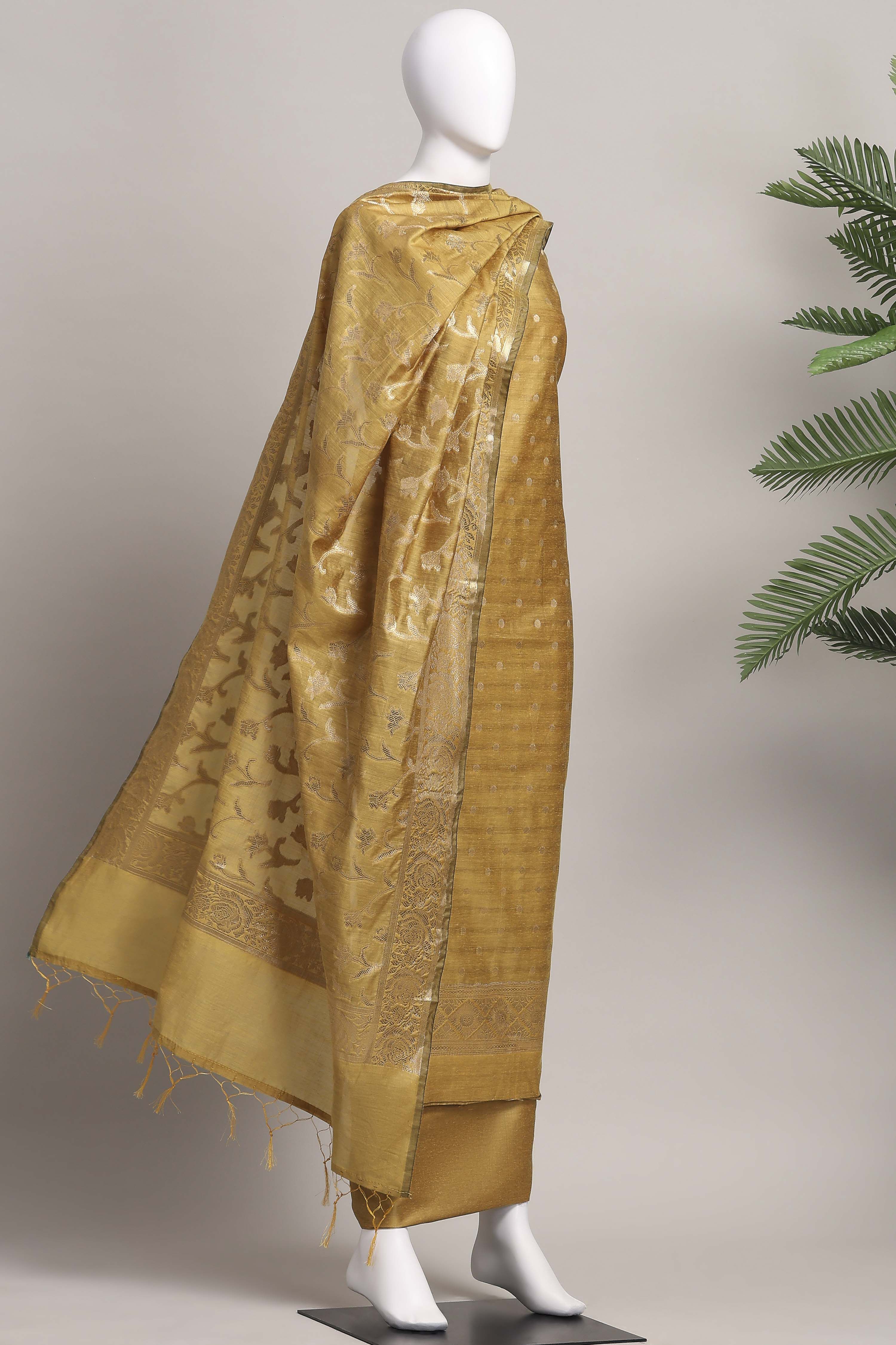 Yellow Banarasi Chanderi Banarasi Print Unstitched Suit Set image number 4