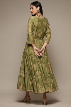 Green Cotton Blend Tiered Printed Dress image number 2