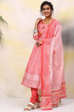 White & Pink Cotton Anarkali Kurta Churidar Suit Set image number 7