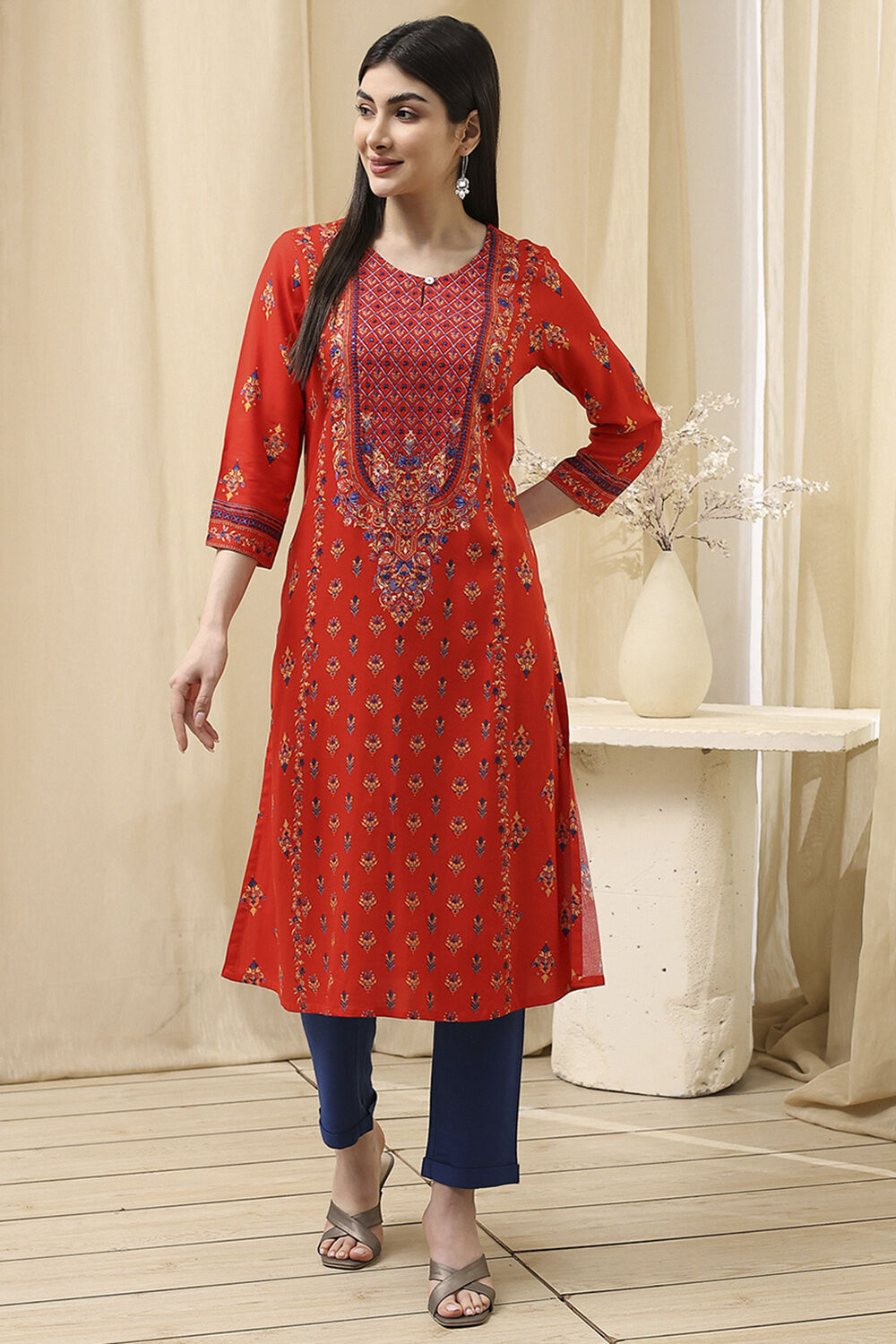 Red Printed Straight Kurta image number 0