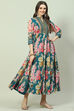 Teal Art Silk Flared Printed Dress image number 0