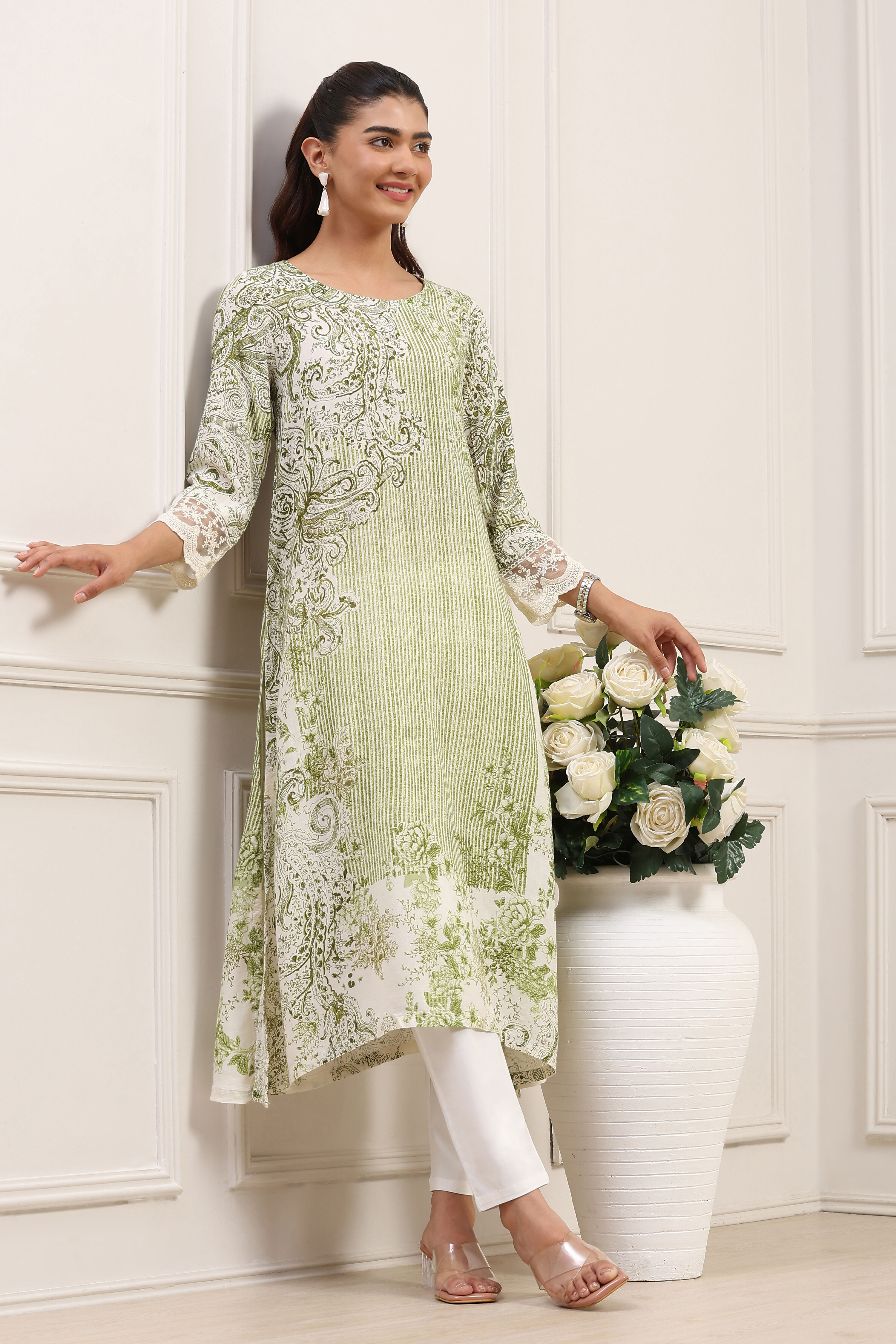 Green Viscose Rayon Printed Straight Kurta image number 0