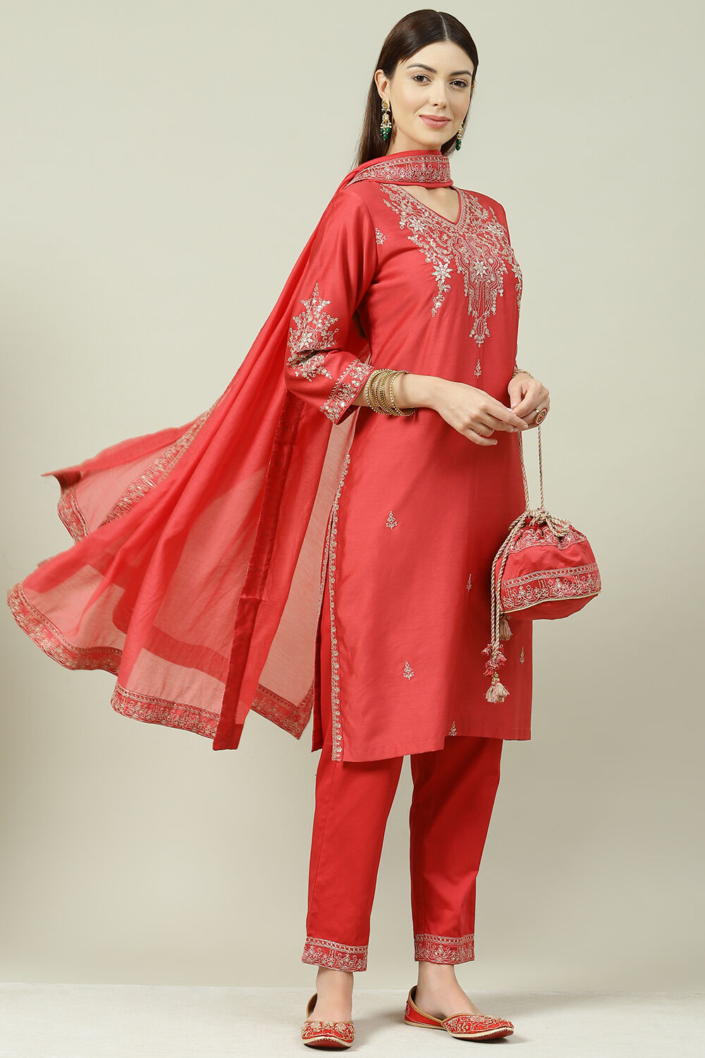 Coral Red Straight Kurta Pants Suit Set image number 6