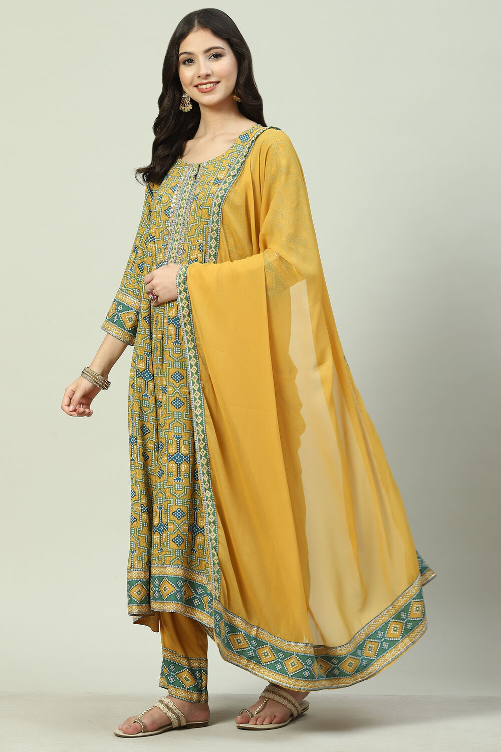Mustard LIVA Kalidar Kurta Pant Suit Set at Biba India