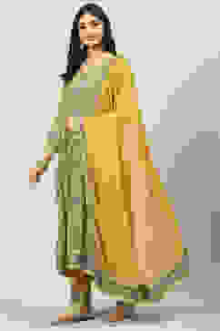 Mustard LIVA Kalidar Kurta Pant Suit Set image number 0