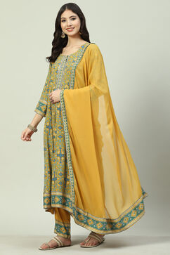 Mustard LIVA Kalidar Kurta Pant Suit Set image number 0