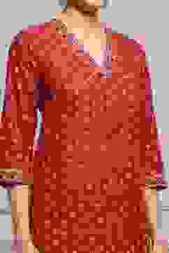 Red Cotton Straight Printed Kurta image number 1