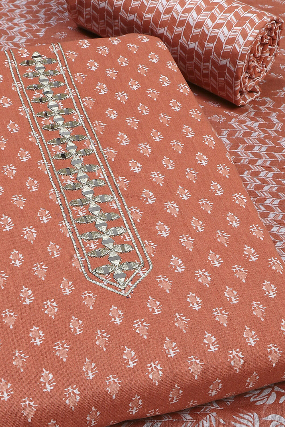 Mustard Yellow Cotton Printed Unstitched Suit Set image number 1