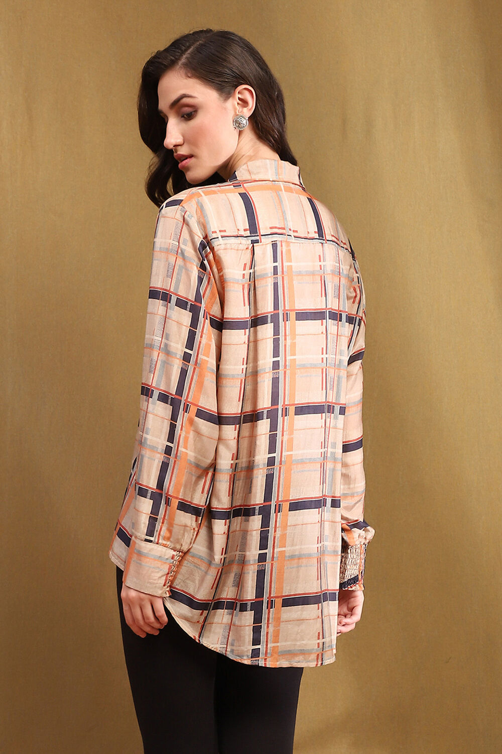 Beige Viscose Blend Checked Shirt-Style Kurti image number 3