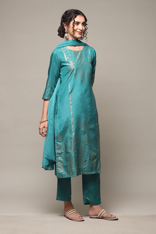 Teal Viscose Straight Kurta Regular Pants Suit Set image number 6